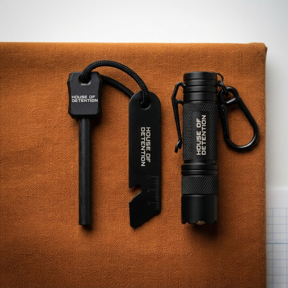 House of Detention matte black tactical EDC flashlight, multi-tool, and survival blade arranged on a burnt sienna surface.