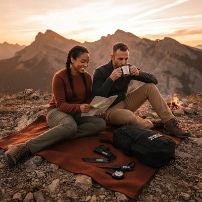 A diverse couple rests on a mountain ridge with a black tactical survival kit laid out on a burnt sienna blanket.