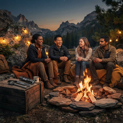 A diverse group relaxing outdoors with House of Detention EDC tactical gear placed on a rustic wooden crate nearby.